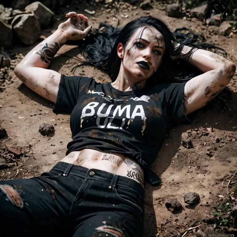 Solo, Bulma, tattoos, dirty, on back, apocalypse, abrasions, black lips, black hair, black oversized t-shirt, black fabric trousers, barbarism, filthy whore, pale skin, gonzo, immoral, humiliations, disaster, ugly, slender