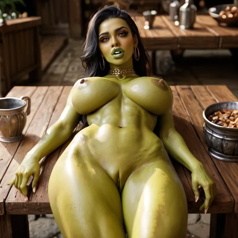 Goblin girl, slave market, extremely beautiful, detailed face, front perspective, green skin, goblin teeth, natural bimbo body, extremely beautiful, naked, giant hips, very shy face expression, lying on table, showing spreading pussy lips, pov, looking at viewer, handjob