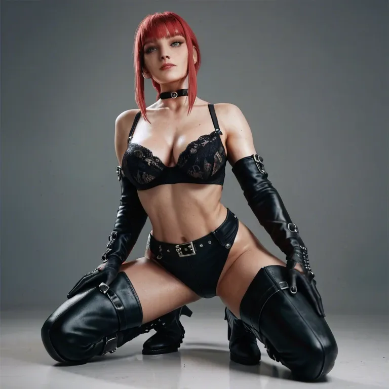 Makima long black gloves and long black thigh high boots and bra and. Her big boots kneelng