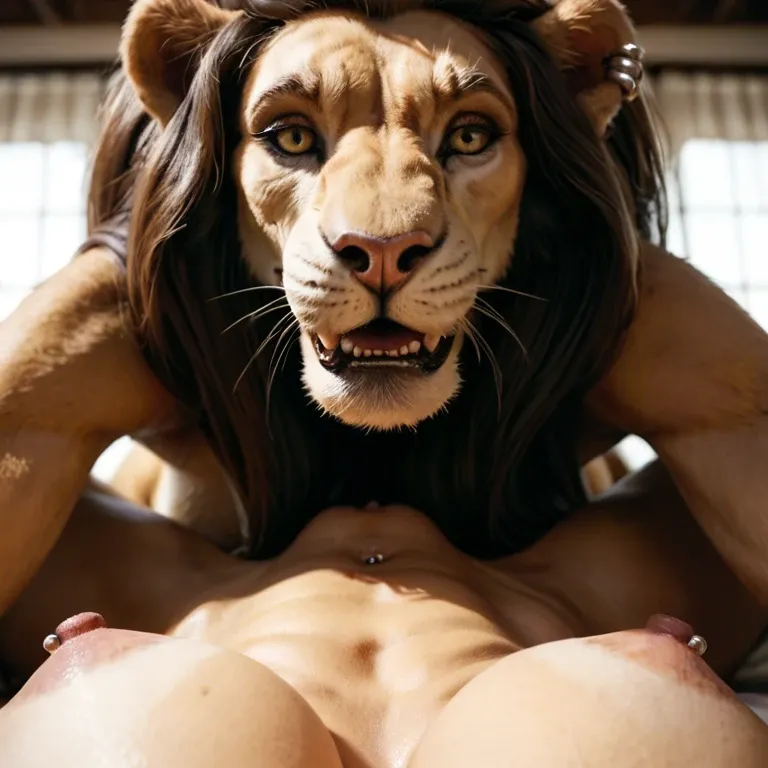 furry lion milf without hair on head, huge sagging boobs, long nipples, thick meaty pussy, ear nose nipple and pussy piercings , unnaturally long clitoris, pov