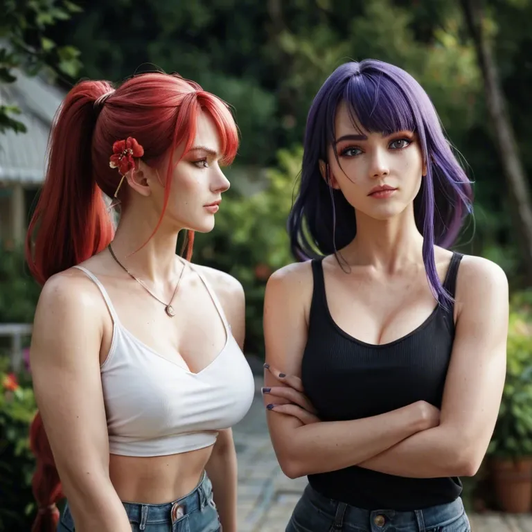 2 girls , raiden shogun, red hair with ponytail elf wearing casual