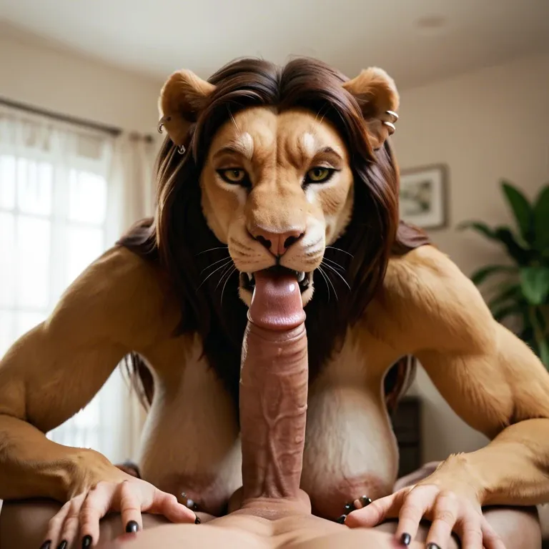 furry lion milf without hair on head, huge sagging boobs, long nipples, thick meaty pussy, ear nose nipple and pussy piercings , teasing penis, pov