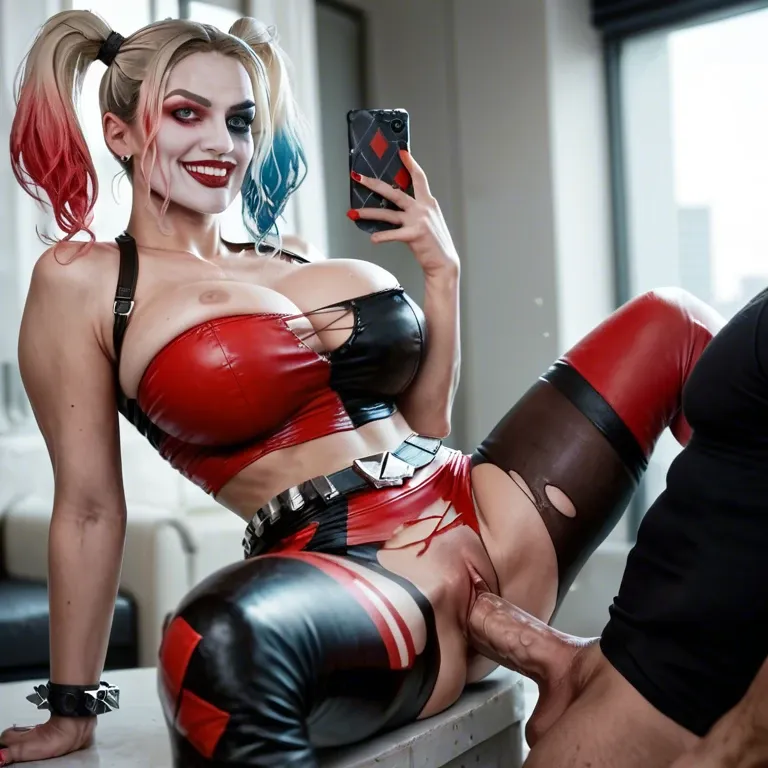 Harley Quinn plays with her phone nonchalantly,Boy has vaginal sex with huge penis while being ignored by Harley Quinn, Torn clothes,Gotham City,vaginalsex  ,Realistic photo images,huge breasts,X-ray images of vaginal insemination Massive excessive cum overflowing ejaculation,Glaring face