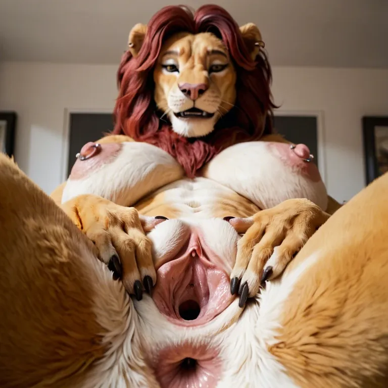 furry lion milf with no mane, huge sagging boobs, long nipples, thick meaty pussy, ear nose nipple and pussy piercings , spread pussy, pov