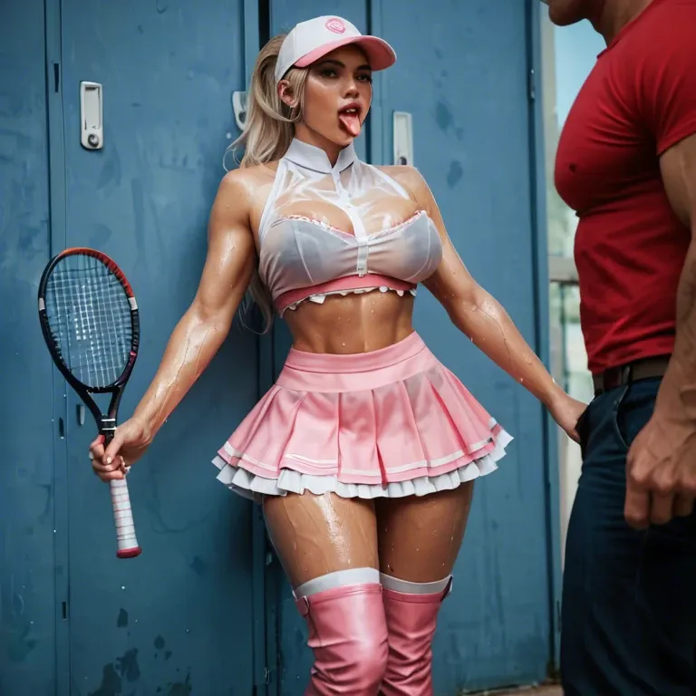 1girl,1boy, , , , focus on tongue,legwear,big perky boobs,nice pecs,bare shoulders, wet shirt,pink stockings,tennis cap,frilled bra,thigh boots, slit skirt,gold anklets,tennis cap,open torn bra,heels, sit on a couch, restrained, phone exposure, spiked dildo, tifa, spider-gwen