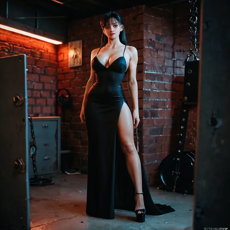 Bulma, 1girl, solo, standing, torture room, red bricks wall, red lighting, black hair, black elegant dress, platform heels, whore, hoe, slut, freak, filthy