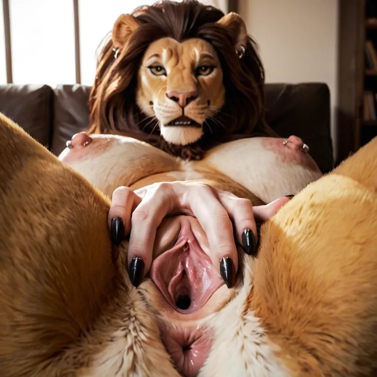 furry lion milf without hair on head, huge sagging boobs, long nipples, thick meaty pussy, ear nose nipple and pussy piercings , spread pussy, pov