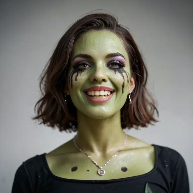 a cute woman dressed up as a sexy green-skinned witch, body painted, face painted, extreme makeup, happy, playful, posing seductively, looking invitingly