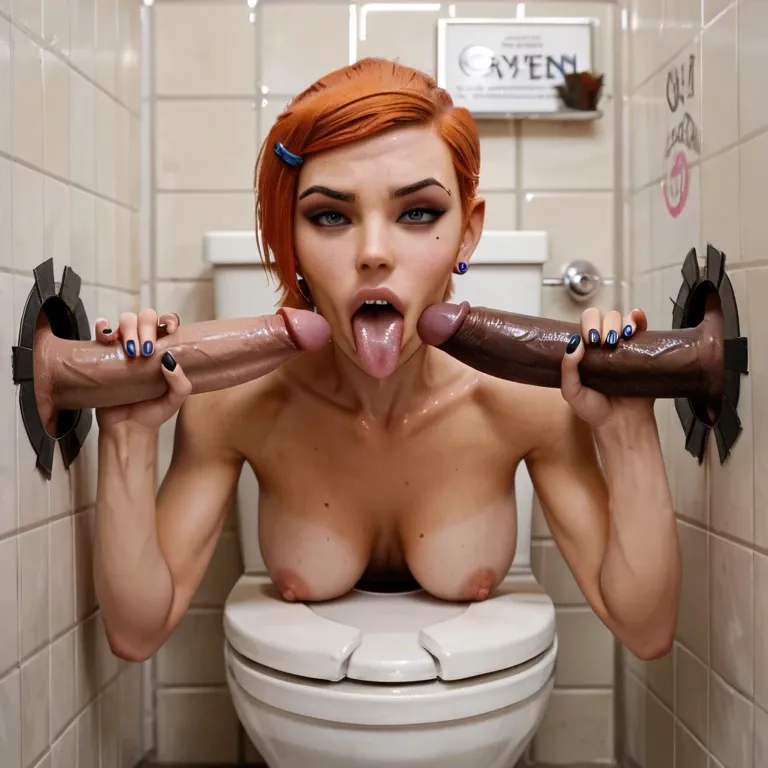 ((Gwen tennyson)), (ben 10 franchise), nude, public toilet setting, public bathroom stall, glory holes, multiple penises, blowjob, double handjobs