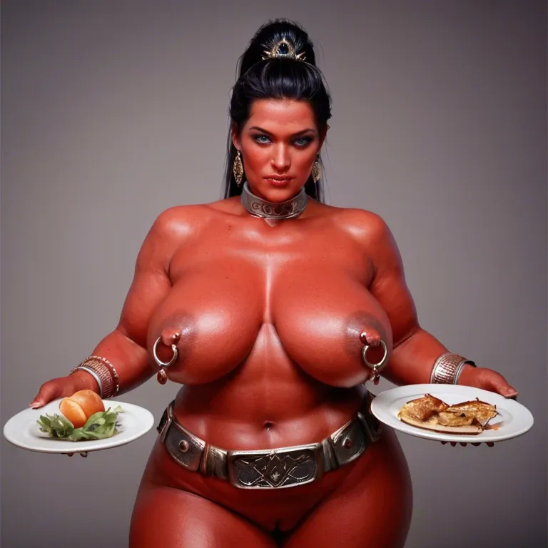 MILF, BBW, nude, bright red skin, tiara, big black hair, tall tight ponytail, blue eyes, metal collar, bracelets, long nipples, nipple rings, pierced navel, pierced labia, metal-plate belt, smiling, arms extended, belly dancing, desert palace, high resolution, high detail