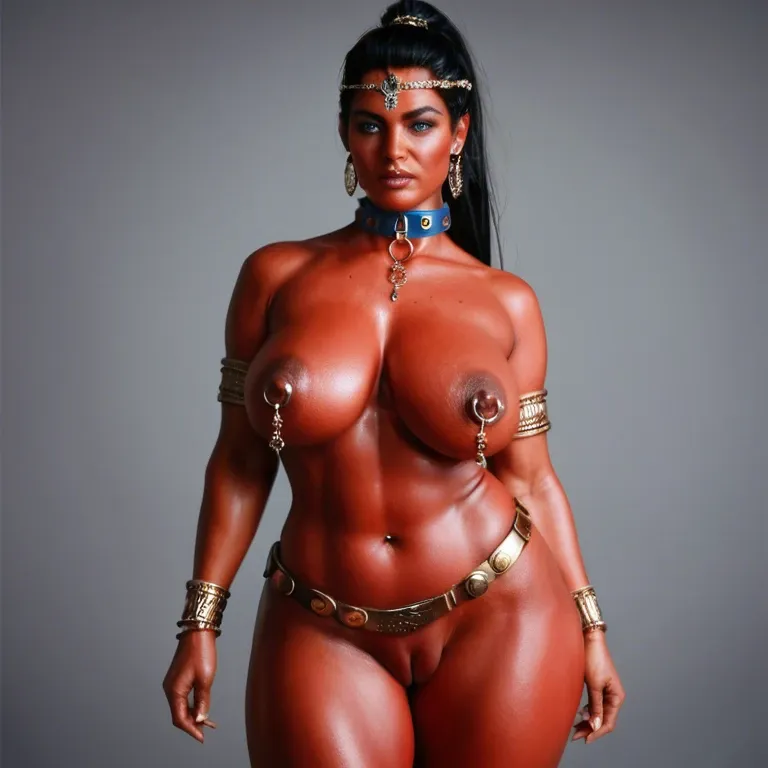 MILF, BBW, nude, bright red skin, tiara, big black hair, tall tight ponytail, blue eyes, slave collar, bracelets, long nipples, nipple rings, pierced navel, pierced labia, metal-plat belt, smiling, dancing, desert palace