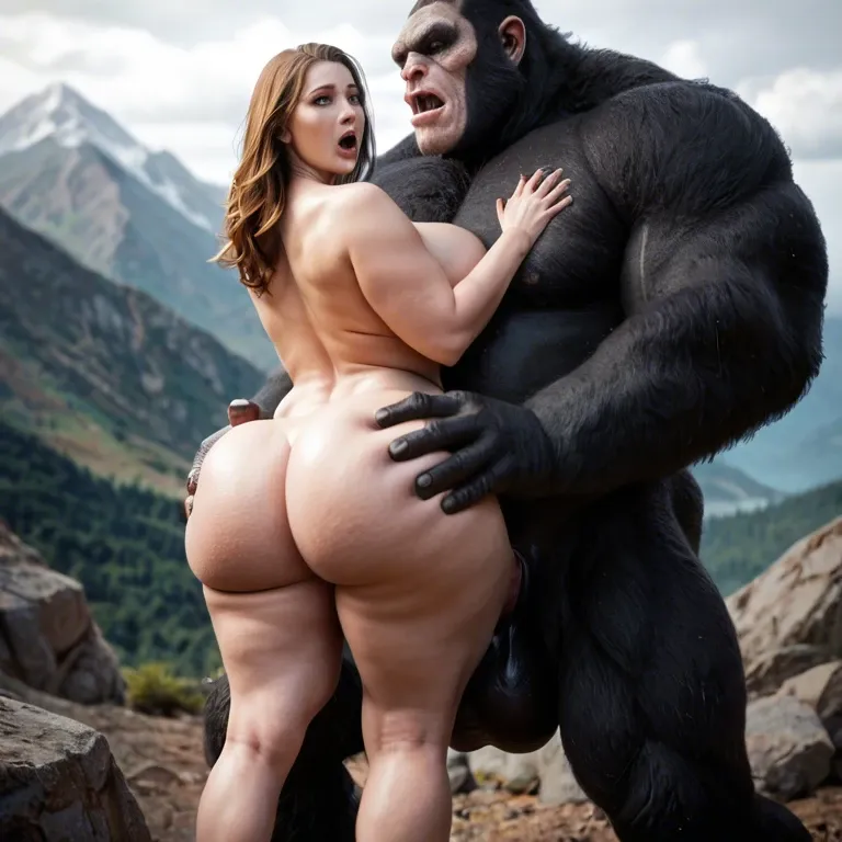 Huge size difference,surprised,mountain valley,Nude, giant gorilla monster fuck pawg, bbw, lifted up and fucked, grabbing woman ass,long brown hair, massive fat cock, big balls,impossible fit, hyper penetration, pussy juice dripping,extreme pussy stretching, pussy destroyed, detail cock, detail pussy, detail woman face