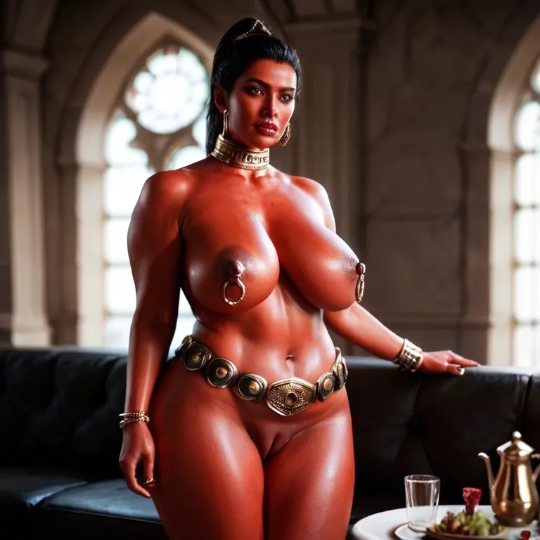 MILF, BBW, nude, bright red skin, tiara, big black hair, tall tight ponytail, blue eyes, metal collar, bracelets, long nipples, nipple rings, pierced navel, pierced labia, metal-plate belt, orgasm, fingering pussy, desert palace, high resolution, high detail