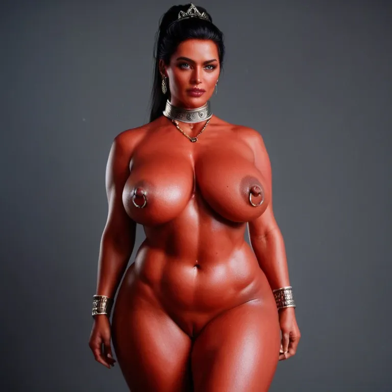 MILF, BBW, nude, bright red skin, tiara, big black hair, tall tight ponytail, blue eyes, metal collar, bracelets, long nipples, nipple rings, pierced navel, pierced labia, metal-plat belt, smiling, bellydancing, desert palace, columns, curtains