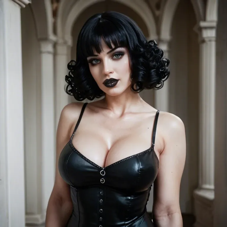 Beautiful sexy plump curvy pale gothic woman in 20s, busty, tight black velvet sundress, cute face, gothic curly bob haircut, gothic maekup, black lipstick, seductive pose, seductive expression, looking at viewer, touching herself, cupping tits with hands, grabbing own breasts, leather waists straps, full body, zombiestomper boots, rope, black, gag, bondage, sitting, screaming orgasm, 1girl, emo, rvcg, girl, boy, penis, having sex, getting fucked