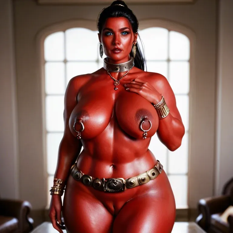 MILF, BBW, nude, bright red skin, tiara, big black hair, tall tight ponytail, blue eyes, metal collar, bracelets, long nipples, nipple rings, pierced navel, pierced labia, metal-plate belt, smiling, bellydancing, desert palace, columns, curtains