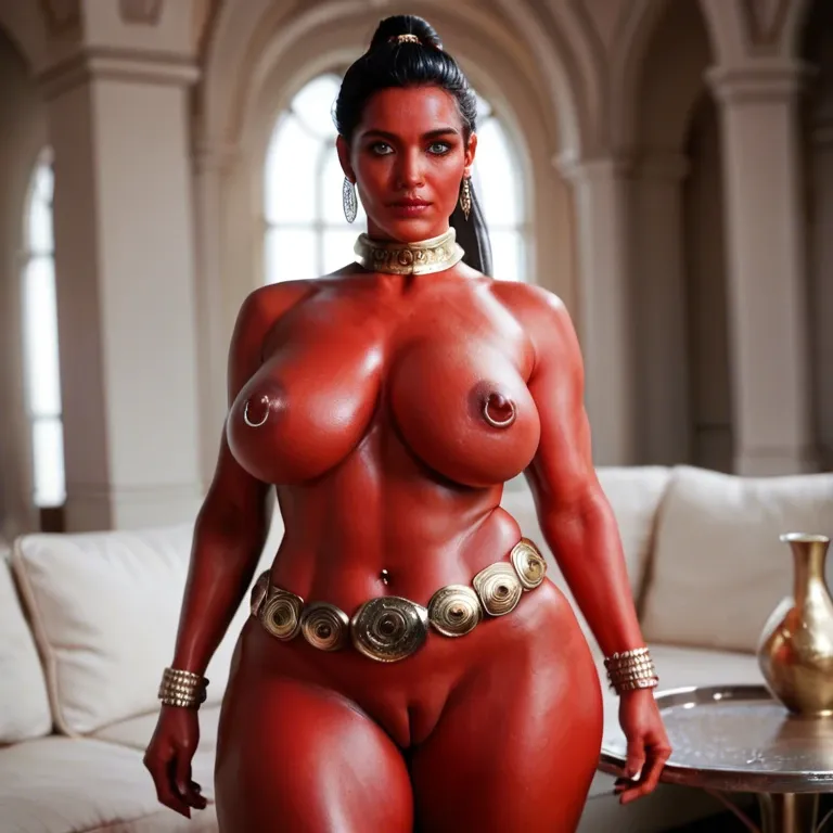 MILF, BBW, nude, bright red skin, tiara, big black hair, tall tight ponytail, blue eyes, metal collar, bracelets, long nipples, nipple rings, pierced navel, pierced labia, metal-plate belt, smiling, arms extended, pole-dancing, desert palace, high resolution, high detail