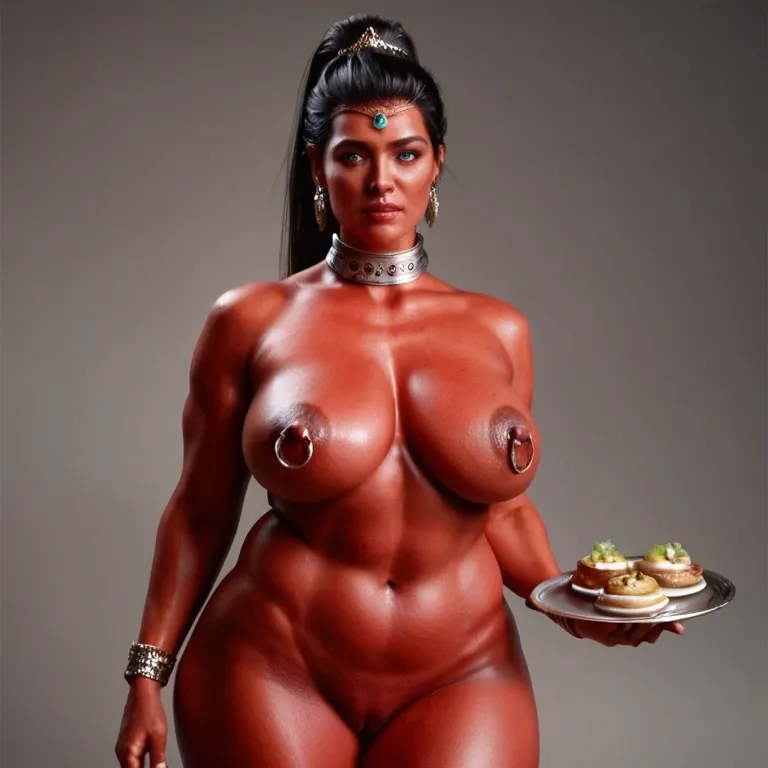 MILF, BBW, nude, bright red skin, tiara, big black hair, tall tight ponytail, blue eyes, metal collar, bracelets, long nipples, nipple rings, pierced navel, pierced labia, metal-plate belt, dildo, orgasm desert palace, high resolution, high detail