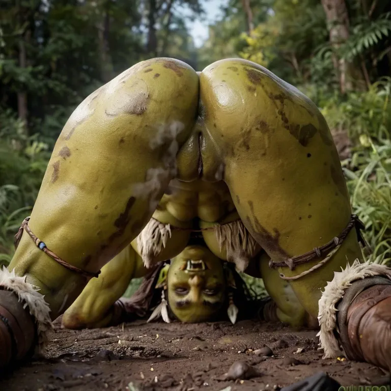 green skin, orc girl,  ass up, puffy pussy, tribal clothing, ass up,  smelly, stinky, dirty, muddy, warrior