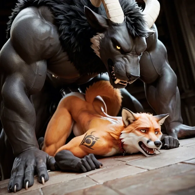 Furry only, anthro, two males, gay, Black Ram, beast, giant penis, black wool, white horns, tattoos, Fox, orange fur, size difference, anal penetration, abdominal bulge, rough, Doggystyle, pounding, clenched teeth