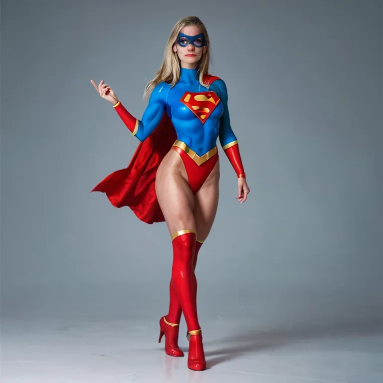 Full body view, supergirl, mask on