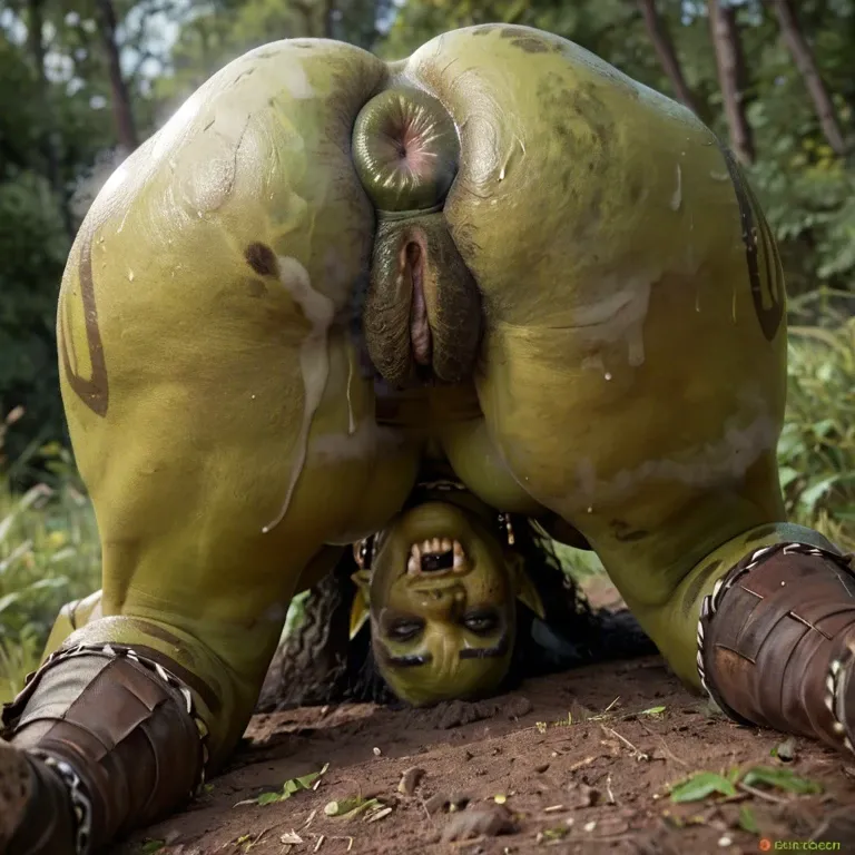 green skin, orc girl,  ass up, huge pumped anus, fang jewelry, huge anus, big rectum, hairy dark pussy,  tribal clothing, ass up,  smelly, stinky, dirty, muddy, warrior