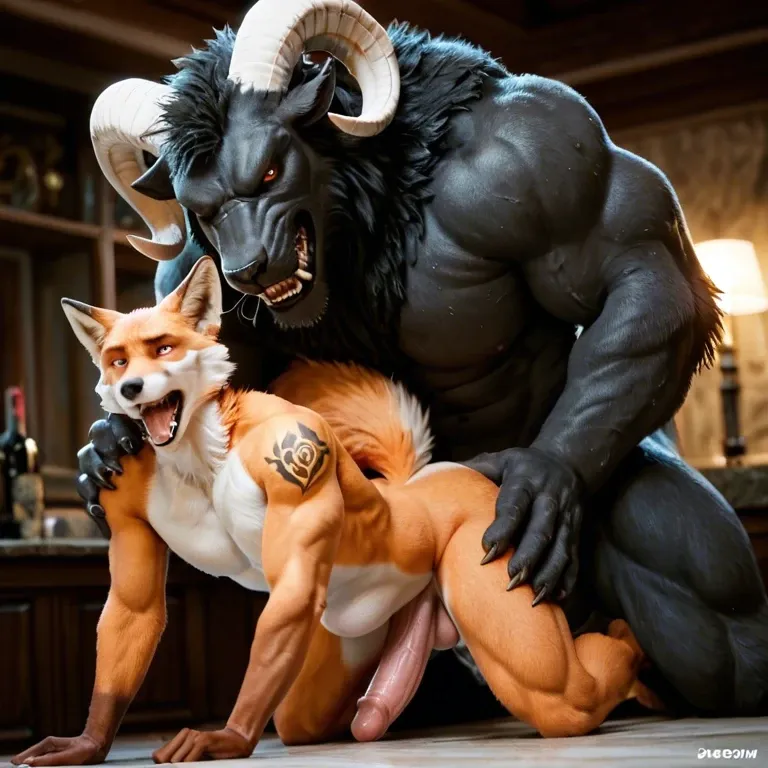 Furry only, anthro, two males, gay, Black Ram, beast, giant penis, black wool, white horns, tattoos, Fox, orange fur, size difference, anal penetration, abdominal bulge, rough, Doggystyle, pounding, clenched teeth