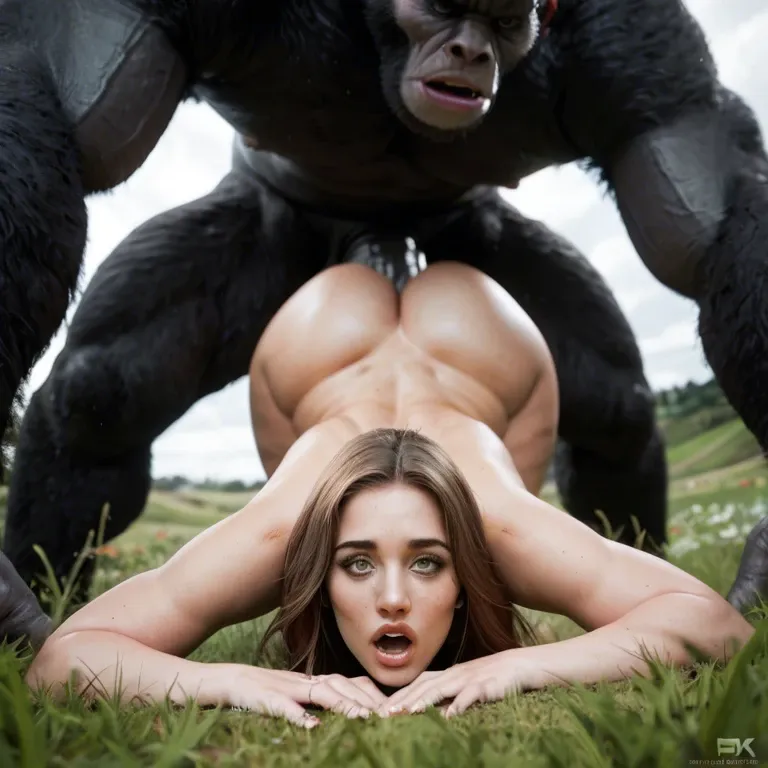 huge size difference, back bottom view,nude, surprised,long brown hair, grass field, giant gorilla cock fuck bbw, doggy style, deep penetration, kneeling, leg spread, facing behind,massive fat cock, impossible fit,hyper penetration,extreme stretched pussy, pussy bleeding,pussy destroyed,detail cock,detail pussy, detail woman's face