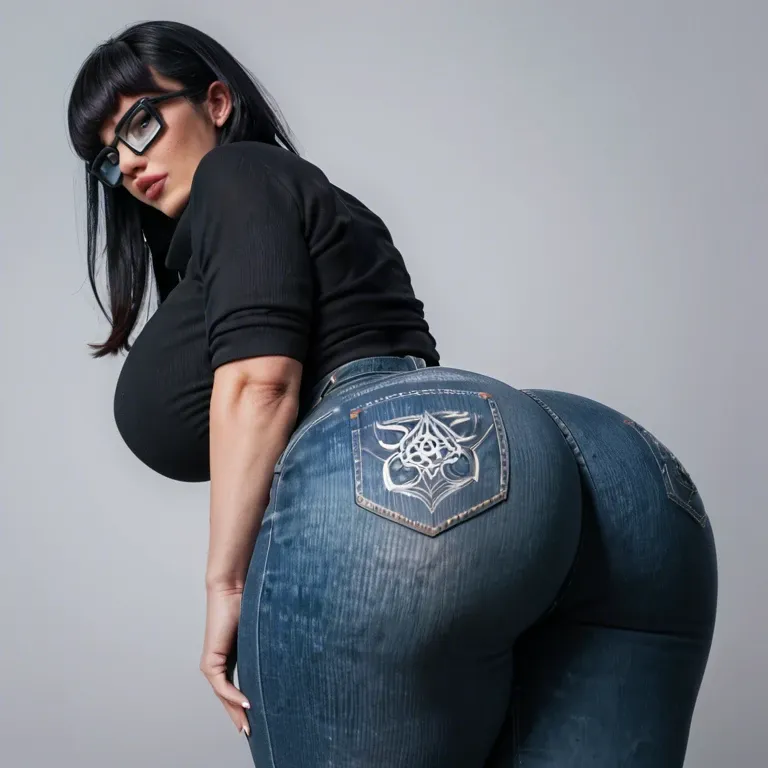 1girl, velma, black hair, long hair, huge breasts, huge ass, black shirt, black jeans, solid background