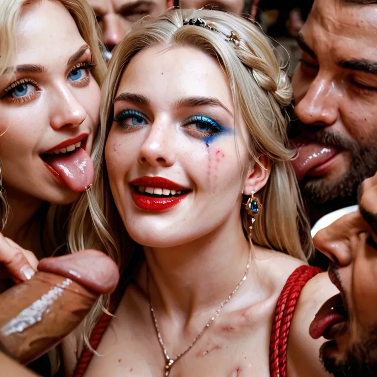 close up men licking asshole, 5 men deep grabbing. Gorgeous, beautiful blonde woman, happy, laughing, in medieval bondage dungeon. Red lipstick, blue mascara, bruised, filthy body. Medium tits, blue eyes. Red gothic bondage clothes.