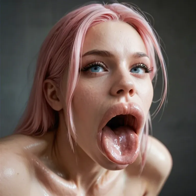 Cute face, young, blue eyes, button nose, pink hair, huge breasts, hyper lips, nude, gaping mouth, tongue out, closeup