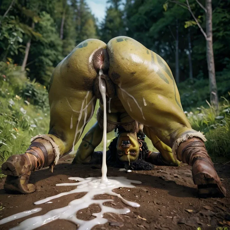 green skin, orc girl,  ass up, huge pumped anus, fang jewelry, huge anus, big rectum, hairy dark pussy,  tribal clothing, ass up,  smelly, stinky, dirty, muddy, warrior, excessive cum