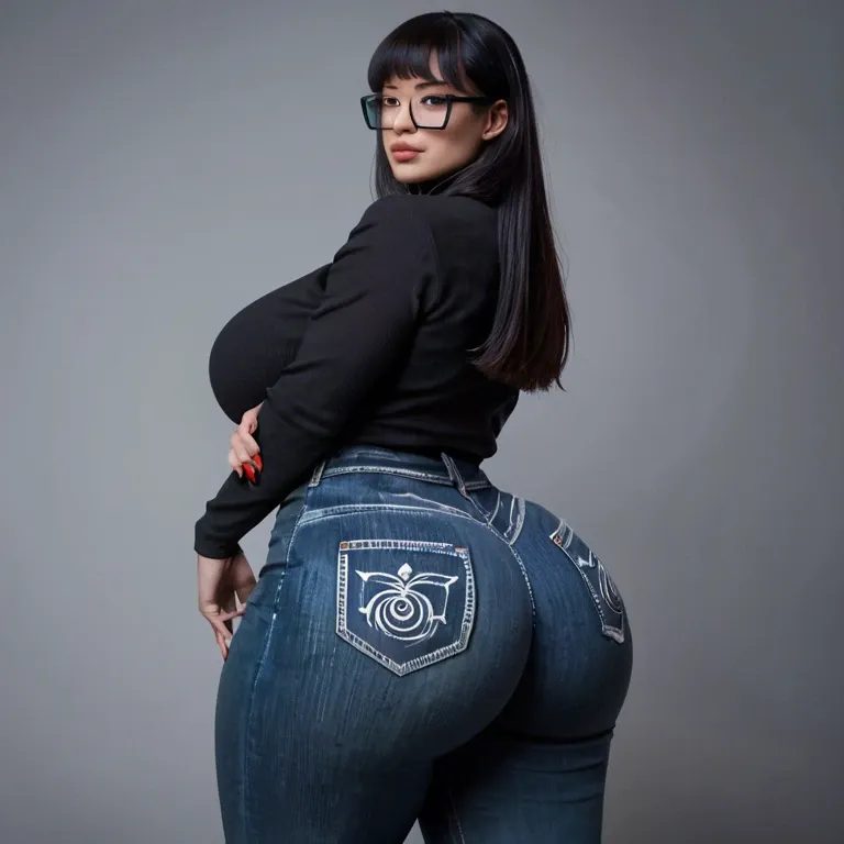 1girl, velma, black hair, long hair, huge breasts, huge ass, black shirt, black jeans, solid background, asian