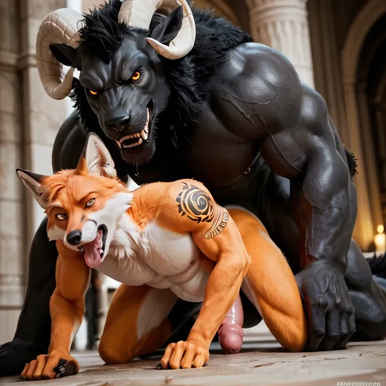 Furry only, anthro, two males, gay, Black Ram, beast, giant penis, black wool, white horns, tattoos, Fox, orange fur, size difference, anal penetration, abdominal bulge, rough, pounding, clenched teeth