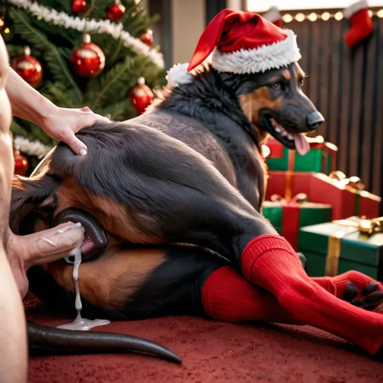 Feral pitbull, cum drip, vaginal penetration, tail grab, christmas tree, santa claus, christmas hat, canine pussy, red socks, presents, gift, laying,