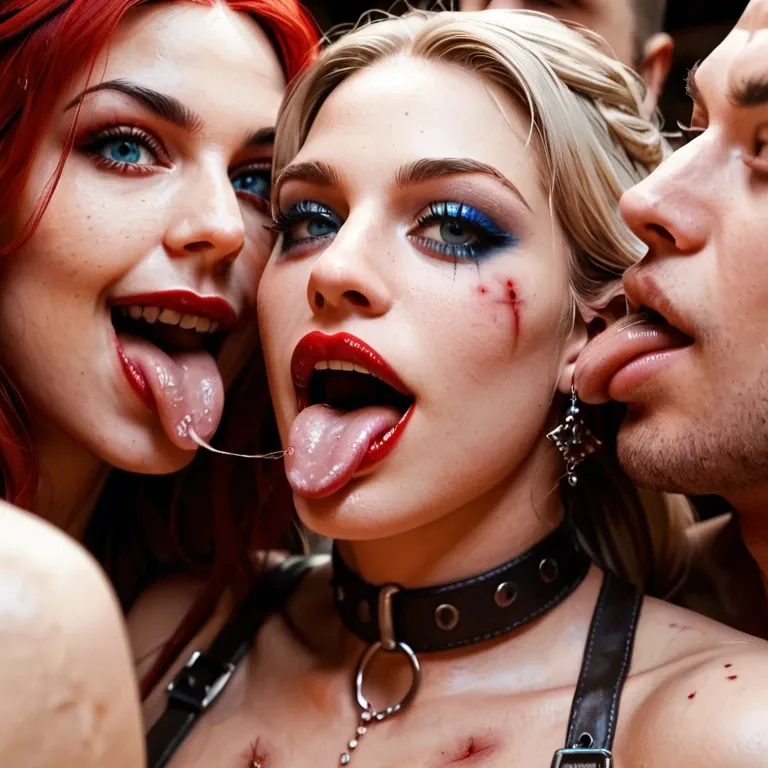 close up licking asshole, 5 men deep grabbing. Gorgeous, beautiful blonde woman, happy, laughing, in medieval bondage dungeon. Red lipstick, blue mascara, bruised, filthy body. Medium tits, blue eyes. Red gothic bondage clothes.