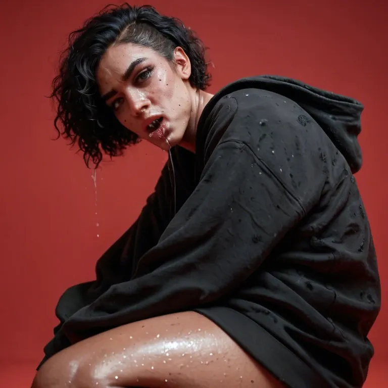 Interracial, anal, unhealthy skin, acne, poor, intoxicated, junkie, freak, drug addict, stinky, femboy, red walls background, unwashed messy black hair, black oversized hoodie