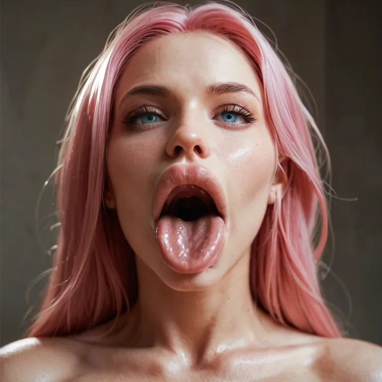 Cute face, young, blue eyes, button nose, pink hair, huge breasts, hyper lips, nude, gaping mouth, tongue out, closeup