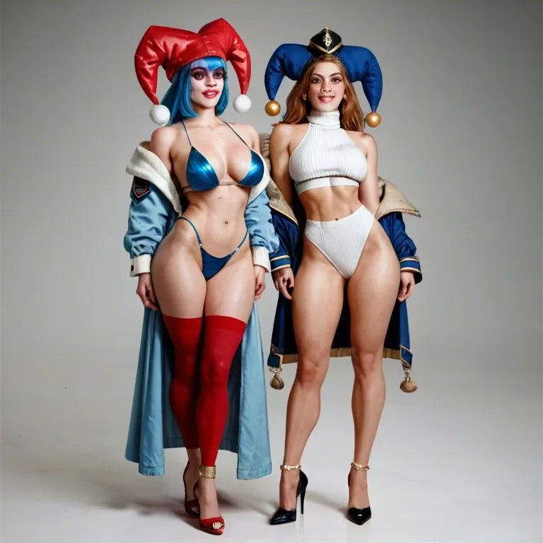 2girl, , , , freckled,in army uniform,perky tits,thin waist,off shoulders, blue jacket,anklets,gold tiara,panties on,heels, white sweater,red stockings,jester cap,bikini,strappy sandals, green shirt,socks,belt,bodysuit,stiletto heels, bathroom, trained thighs, medieval theme, princess peach, rapunzel waifu