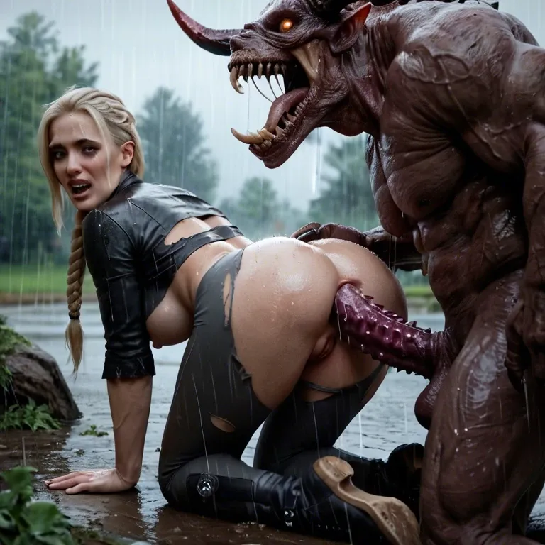 Girl: Braided blonde ponytail, anal, butt, ripped clothes,  big tits,   Monster: spiked penis,  digusting monster, ugly, large teeth, horns, scary, venomous, rotten, rain, inhuman, forced