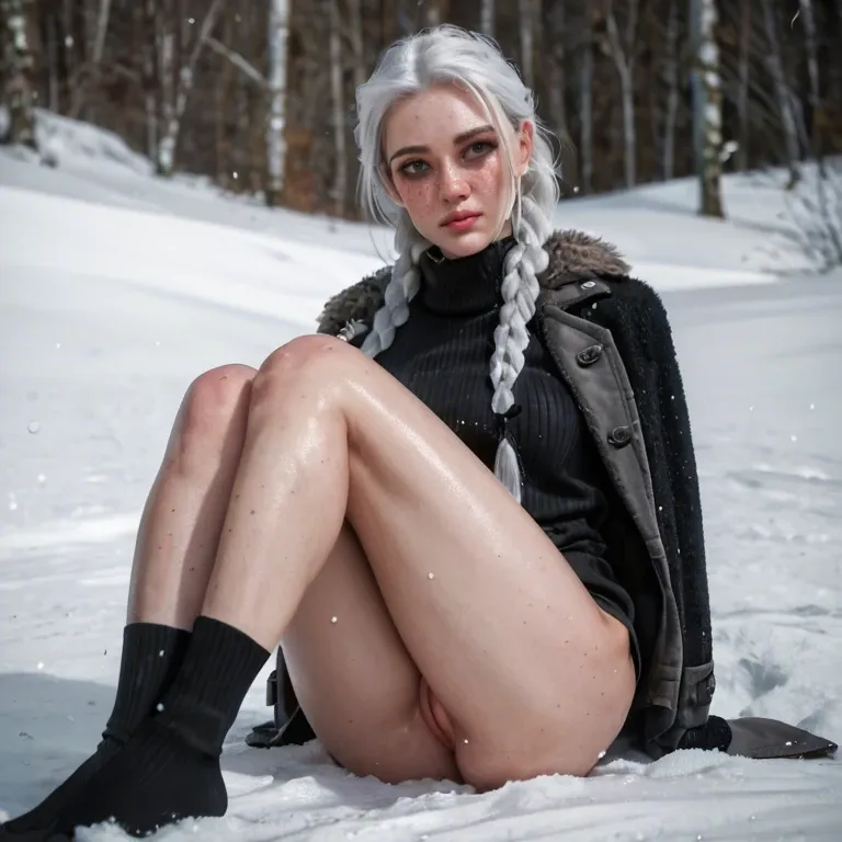 Freckles,petite body,skinny,long legs,beautiful face,covered in snow,long white hair,braids,long black socks,shy,tight pussy