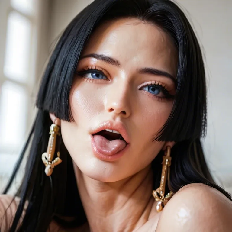 Ultra realistic photo, Boa-Hancock hair, smooth skin, golden ratio face Korean, pale white Korean-Boa-Hancock ,cute feminine face, detailed blue eyes, ahegao face , sucking dick