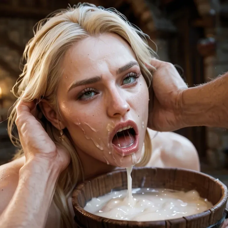 extreme close up view, man's hands in view, 2 men pushing blonde's face into huge bowl of cum. Medieval dungeon. Blonde screaming