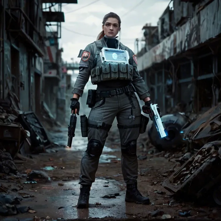 Hyper realistic, a female soldier, mostly made of robotics, left arm is combination mini gun and cannon, torso is partial holographic, legs are double jointed, she stands 9ft, dystopian city in background, sci-fi