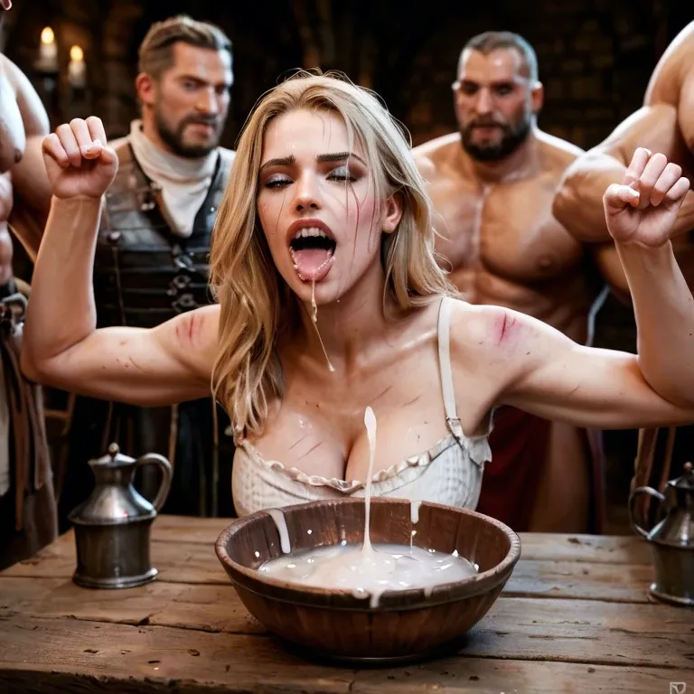 medium shot. medieval dungeon. 8 men in background, cheering, clapping. Sitting at table with a big bowl of thick cum. Mouth open, showing it full of cum, dripping over lip.  Bruised blonde, covered in filth, red lipstick, naked, happy, Gorgeous, beautiful, blonde, blue eyes, blue mascara running.