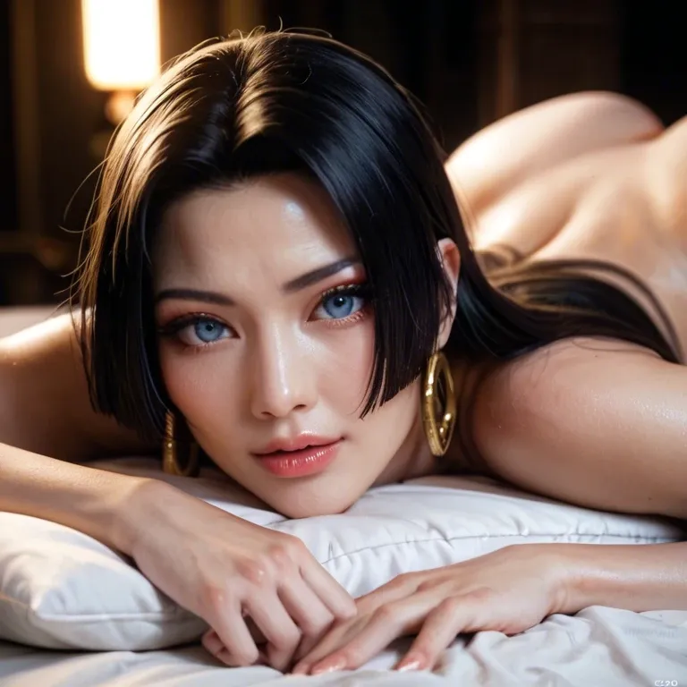 Dark night,, dark lighting,, Ultra realistic photo, Boa-Hancock hair, smooth skin, golden ratio face Korean, pale white Korean-Boa-Hancock ,cute feminine face, detailed light blue eyes,  laying on stomach, in bed under blanket, front view massive breasts, up close, goth