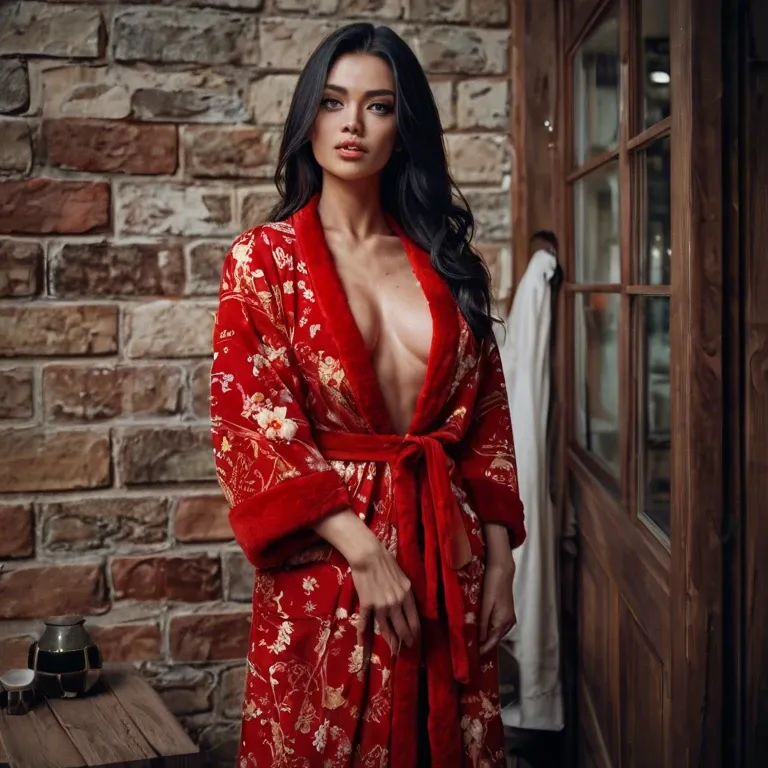 Mexican skinny girl, grey eyes, long dark hair. Red thin silk bathrobe. Standing near a wall.