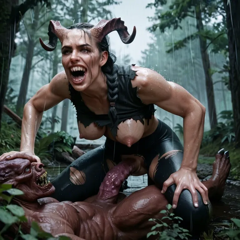 Girl: Braided ponytail, anal, ripped clothes,  big tits,  Monster: Filthy monster, spiked penis, ugly, large teeth, horns, scary, venomous, rotten flesh, rain, forced, forest