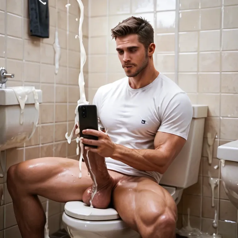 man, toilet, sitting, wanking, extreme cock, masturbation, excessive cum, phone