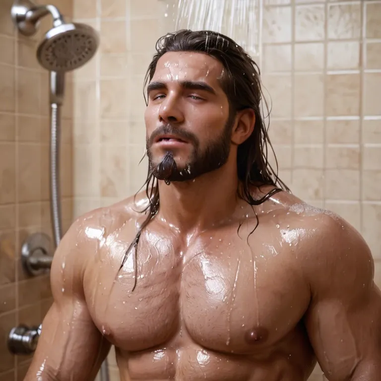 Nude Heavy Metal man with long brown hair, goatee, wet hair, wet Body, Long hard cock, is masturbating and Gets orgasm in a shower, Charles, Beard, .5>, penerec, penflac, flaccid, penis, erect, <lora:airoticart_penflac-penerec-1-LORA:.5>